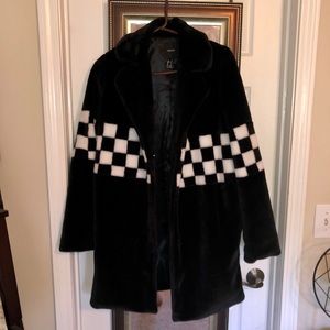 Black and white checkered faux fur jacket